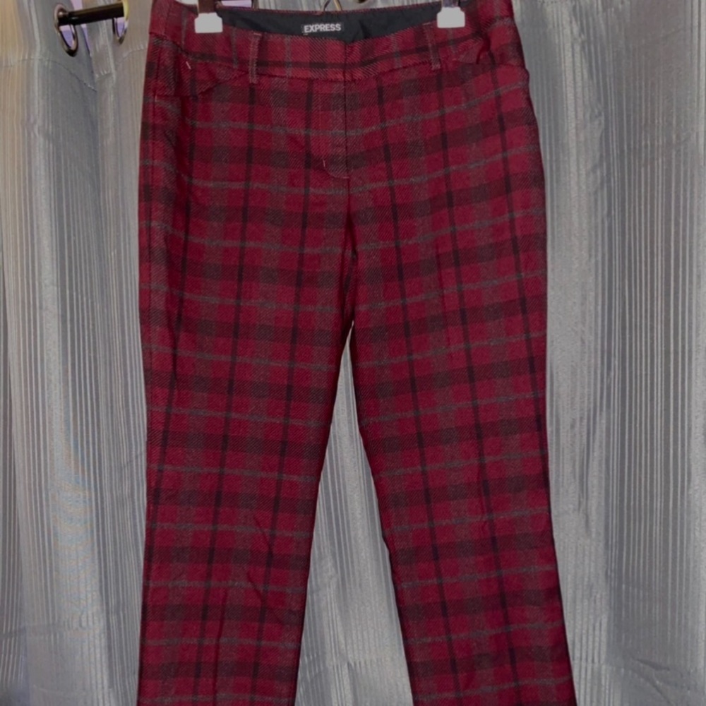 Express Burgundy Low Rise Plaid Editor Pants